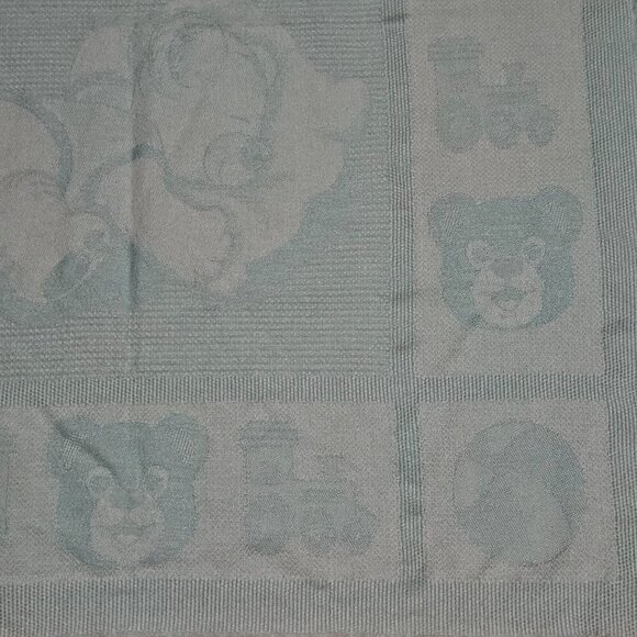 VTG Blue White  Knit Baby Blanket Acrylic Fringe Sleeping Teddy Bear Train Ball - Picture 6 of 10